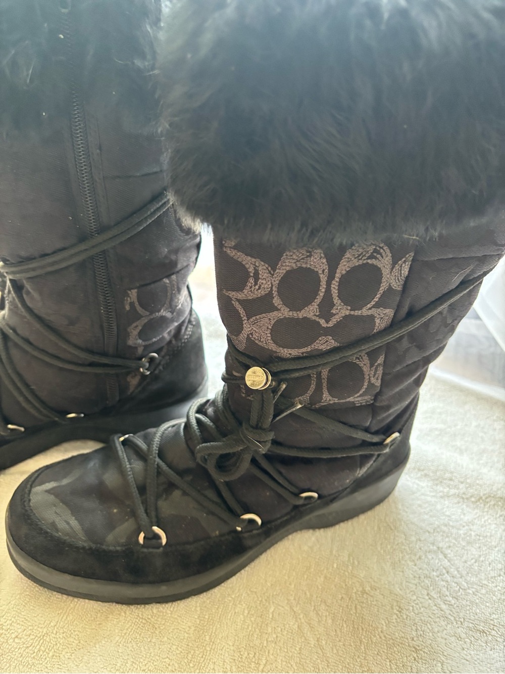 Coach Black Logo Panel Faux-Fur Cuff Lace-Up Winter Boots - Women